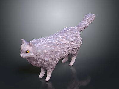 Light Colored 3D Cat Model Featuring Fluffy Fur Yellow Eyes On Dark Reflective Background 3d model