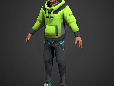 3D Game Character With Neon Green Hoodie NEX Logo Dark Pants And Blue Accents 3d model