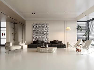 Modern Living Room Interior With Black Sofa White Chairs Round Coffee Table Geometric Wall Decor 3d model