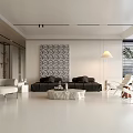 Modern Living Room Interior With Black Sofa White Chairs Round Coffee Table Geometric Wall Decor