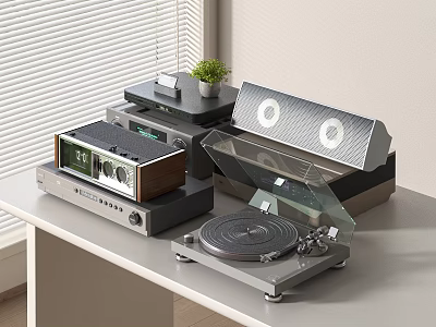 Vintage Audio Equipment On Table With Turntable Radio Speakers Small Potted Plant And Window Blinds 3d model
