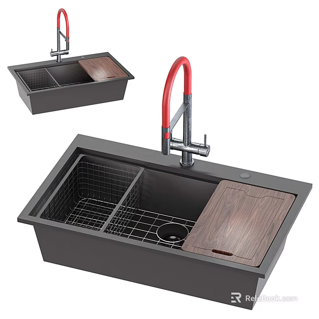Black Double Bowl Kitchen Sink Featuring Red Faucet Wooden Cutting Board And Metal Drying Rack 3d model 