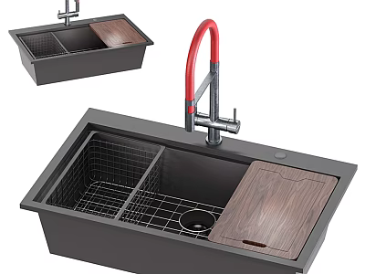 Black Double Bowl Kitchen Sink Featuring Red Faucet Wooden Cutting Board And Metal Drying Rack 3d model