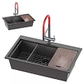 Black Double Bowl Kitchen Sink Featuring Red Faucet Wooden Cutting Board And Metal Drying Rack