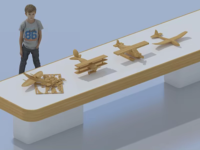 Toy Boy Doll Standing by Table with Four Wooden Airplane Models 3d model