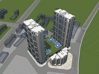 Modern High Rise Buildings With Surrounding Roads And Central Green Area 3d model