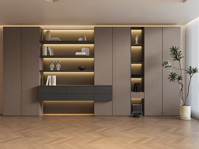 Modern Bookshelf Interior Design With LED Lighting Open Shelves And Wooden Cabinets 3d model