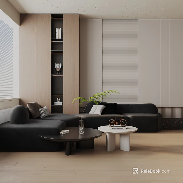 Black Three-Seater Sofa in Modern Living Room with Coffee Tables Green Plant and Wooden Shelves 3d model 