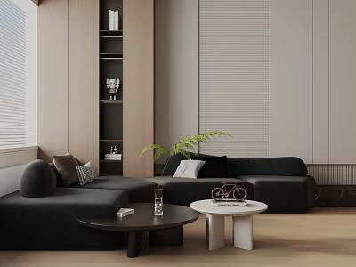 Black Three-Seater Sofa in Modern Living Room with Coffee Tables Green Plant and Wooden Shelves 3d model