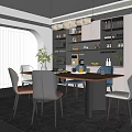 Modern Restaurant Dining Area With Wooden Table Grey White Chairs Pendant Lights And Glass Shelves