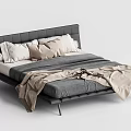 Modern Double Bed with Black Headboard Gray Beige Pillows and Blankets 3d model