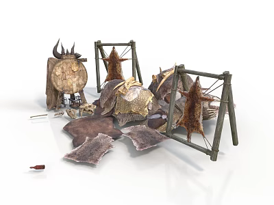 Traditional Handmade Leather Daily Necessities On Drying Racks With Craft Tools 3d model