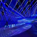 Modern Fashion Runway Stage With Blue Illuminated Geometric Lines And Futuristic Lighting Design