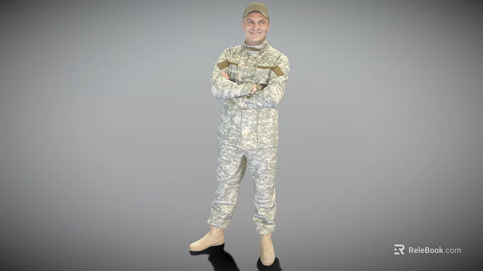 Military Personnel In Camouflage Uniform With Arms Crossed Standing On Gray Background 3d model 