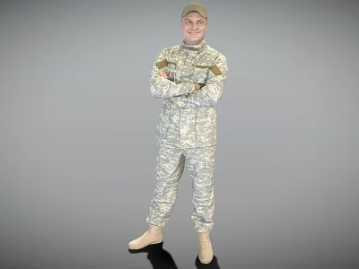 Military Personnel In Camouflage Uniform With Arms Crossed Standing On Gray Background 3d model