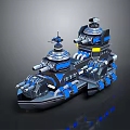 Futuristic Warship 3D Model Featuring Blue Black Color And Multiple Turret Systems