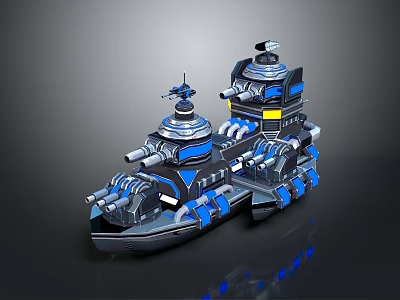 Futuristic Warship 3D Model Featuring Blue Black Color And Multiple Turret Systems 3d model