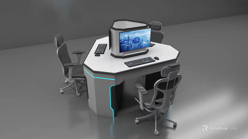 Modern Office Desk With Octagonal Design Computer Monitor Keyboard Blue LED Lights And Ergonomic Chairs 3d model 