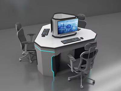 Modern Office Desk With Octagonal Design Computer Monitor Keyboard Blue LED Lights And Ergonomic Chairs 3d model