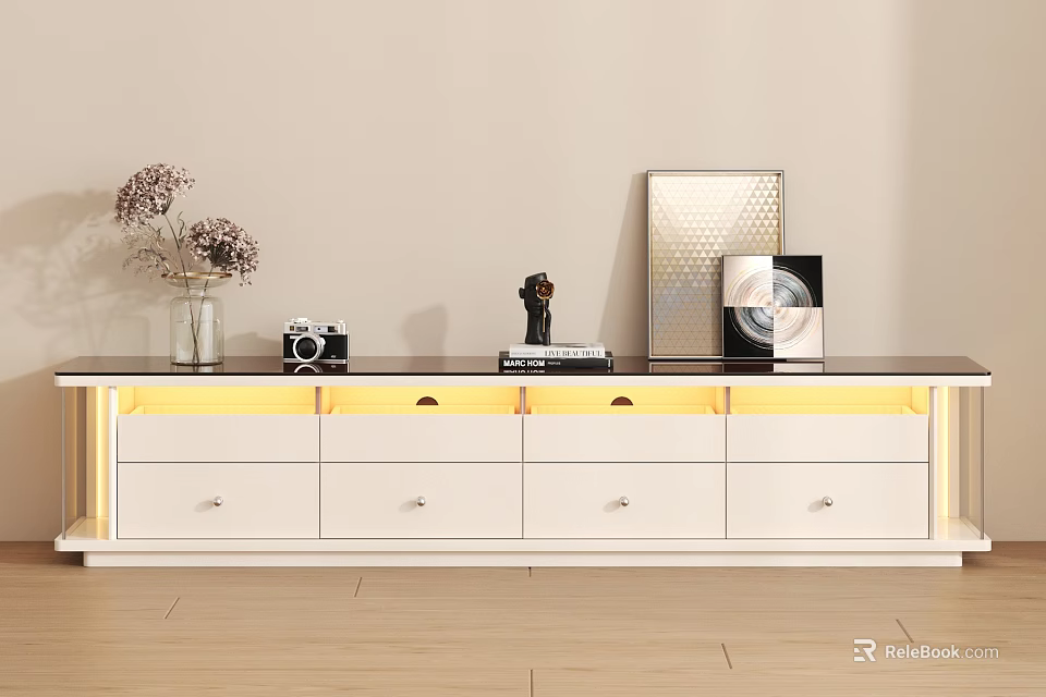 Modern White TV Stand with Dark Top Drawers and Decorative Vase Camera Sculpture 3d model 