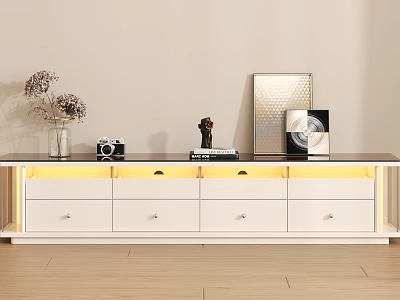 Modern White TV Stand with Dark Top Drawers and Decorative Vase Camera Sculpture 3d model