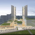 Modern Urban Commercial Complex With Tall Glass Towers Green Roof Gardens And Open Plaza