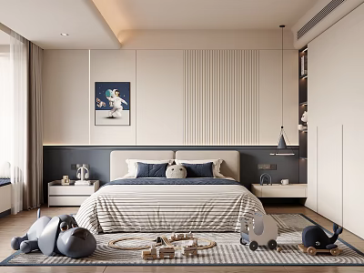 Modern Kids Room Interior With Striped Bedspread Pillows Painting Toys And Cozy Rug 3d model