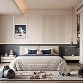 Modern Kids Room Interior With Striped Bedspread Pillows Painting Toys And Cozy Rug