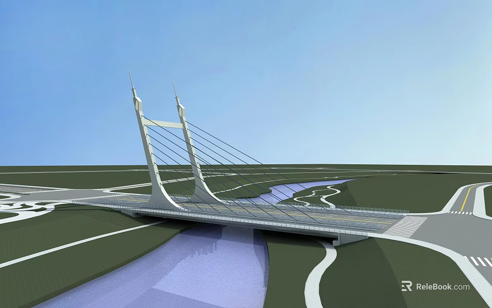 Modern Cable Stayed Bridge With Tall Pylons And Cables Crossing River And Green Landscape 3d model 
