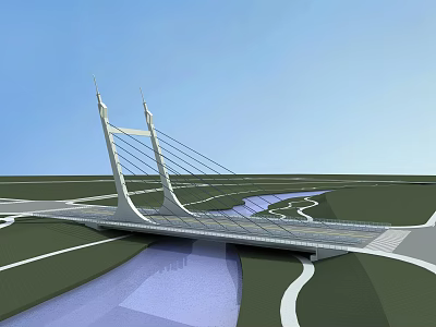 Modern Cable Stayed Bridge With Tall Pylons And Cables Crossing River And Green Landscape 3d model