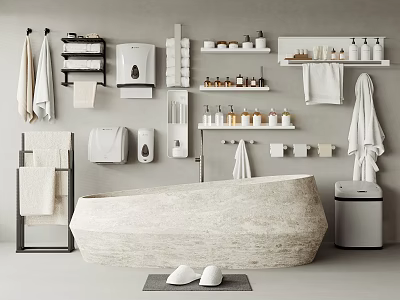 Stylish Modern Bathroom Interior With Freestanding Marble Bathtub Towels Shelves And Toiletries 3d model