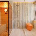 Modern Bathroom Interior With Orange Toilet Marble Countertop Recessed Lighting Mirror And Open Shelves
