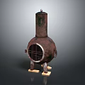 Rusty Metal Stove with Cylindrical Chimney Grilled Door and Short Legs on Wooden Base