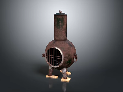 Rusty Metal Stove with Cylindrical Chimney Grilled Door and Short Legs on Wooden Base 3d model
