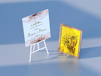 Welcome Sign On White Easel With Watercolor Design And Yellow Frame Dried Flower Bouquet 3d model