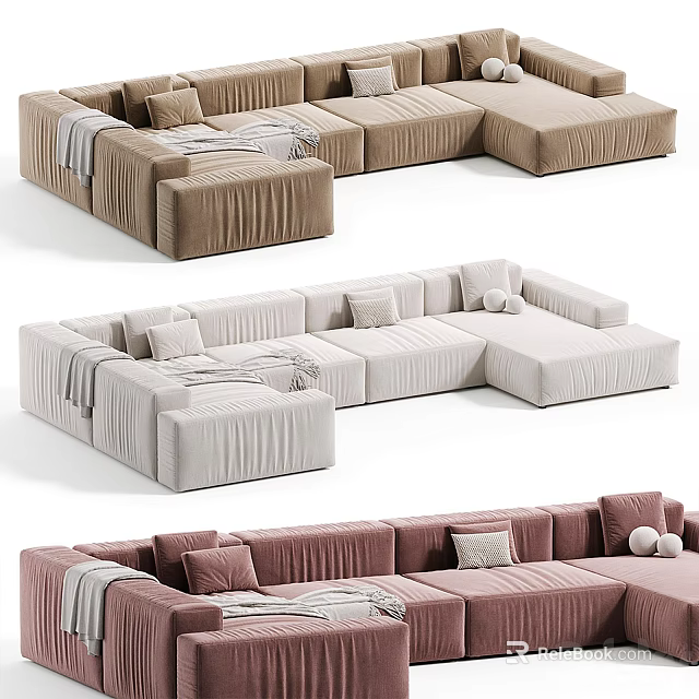 Modern Sectional Sofa With Velvet Upholstery Multiple Cushions And Throw Blankets 3d model 