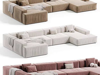 Modern Sectional Sofa With Velvet Upholstery Multiple Cushions And Throw Blankets 3d model