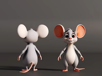 Animated Cartoon Mouse 3D Character Front Back View Large Ears Gray Body White Belly 3d model