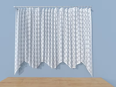 White Patterned Window Curtains Hanging On Rod Against Light Blue Wall 3d model