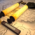 Traditional Chinese Landscape Painting on Unfolded Scroll with Ancient Ink Stone Brushes and Seals