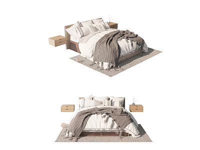 Modern Double Bed With Bedside Tables Cozy Blanket Pillows And Rug 3d model