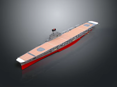 Detailed Aircraft Carrier Model With Brown Flight Deck Red Hull And Gray Superstructure 3d model