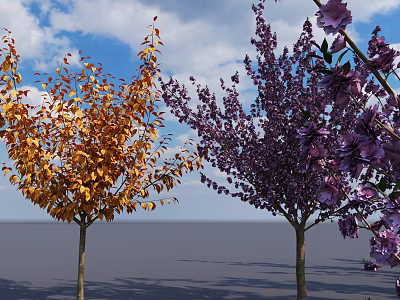 Colorful Leaf Trees with Yellow and Purple Foliage Against Blue Sky 3d model