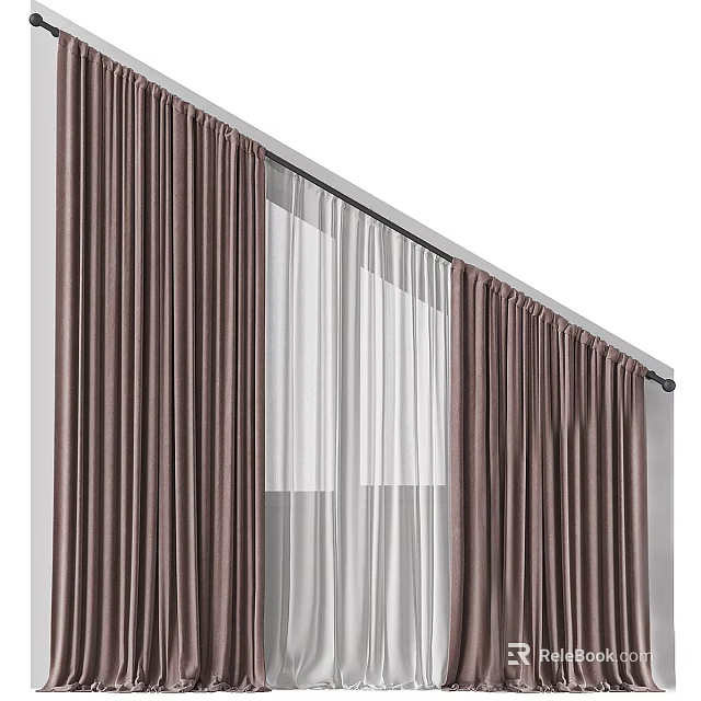 Brown Curtains With White Sheer Curtains Installed On Window Frame 3d model