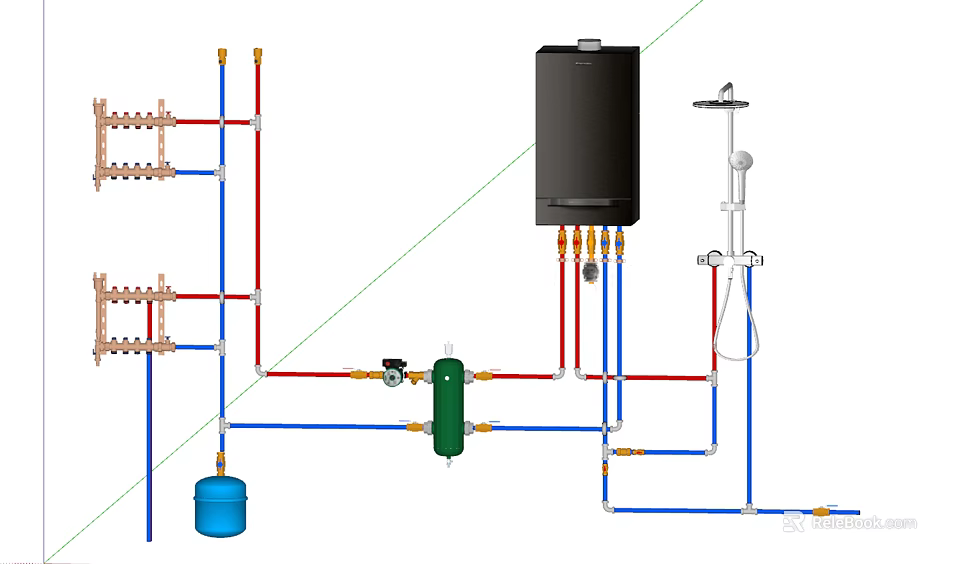 Residential Plumbing System Layout With Water Heater Pipes Valves And Shower Fixture 3d model 