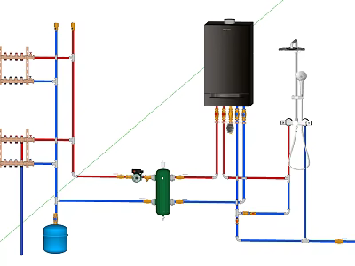 Residential Plumbing System Layout With Water Heater Pipes Valves And Shower Fixture 3d model