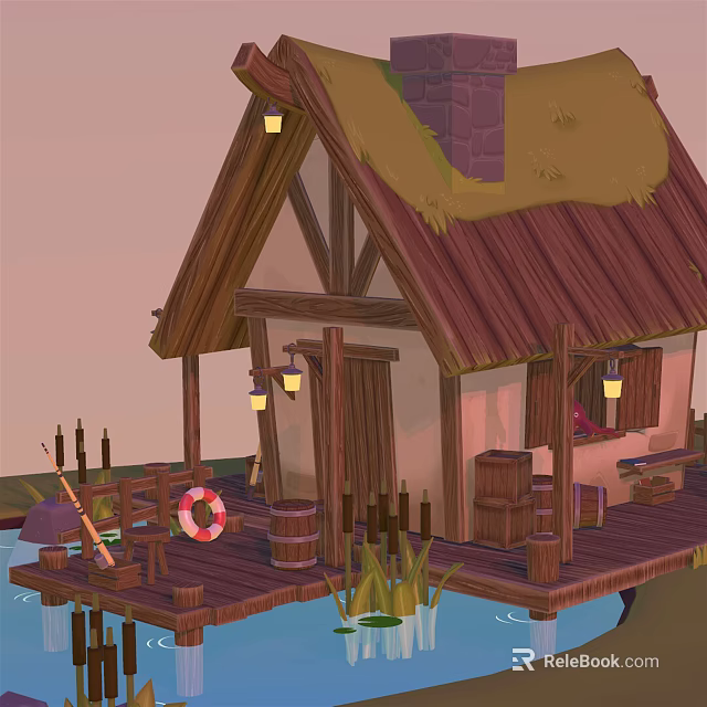 Cartoon Scene of Waterfront Wooden Cabin With Thatched Roof Lanterns Life Preserver and Dock 3d model 