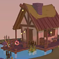 Cartoon Scene of Waterfront Wooden Cabin With Thatched Roof Lanterns Life Preserver and Dock