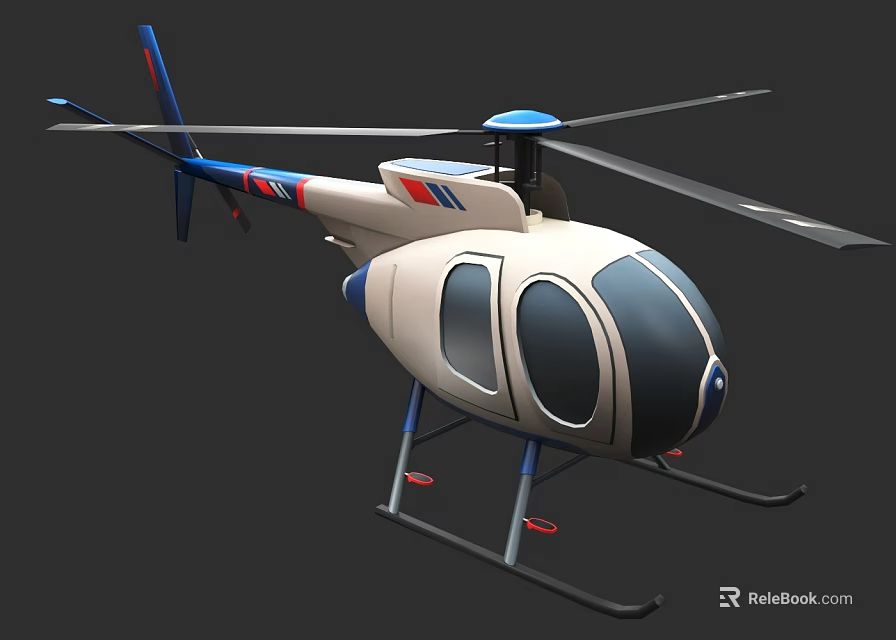 Small White Helicopter With Blue Red Accents Streamlined Body Rotors And Landing Skids 3d model 