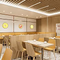 Modern Restaurant Interior With Wooden Ceiling Dining Tables Chairs And Hanging Lights